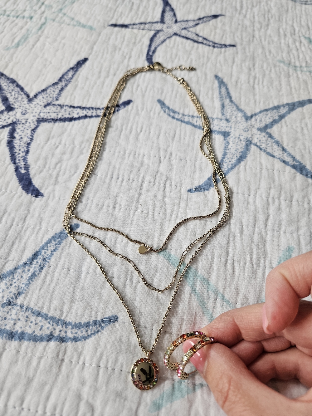 J. Crew Factory Gold-Tone Layered Pendant Necklace with Multicolor Crystal Rings
